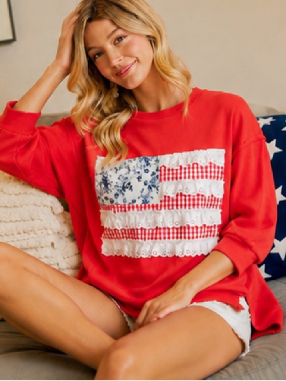 Bibi Red Oversized American Flag Patchwork Terry Knit Top S - Picture 6 of 6